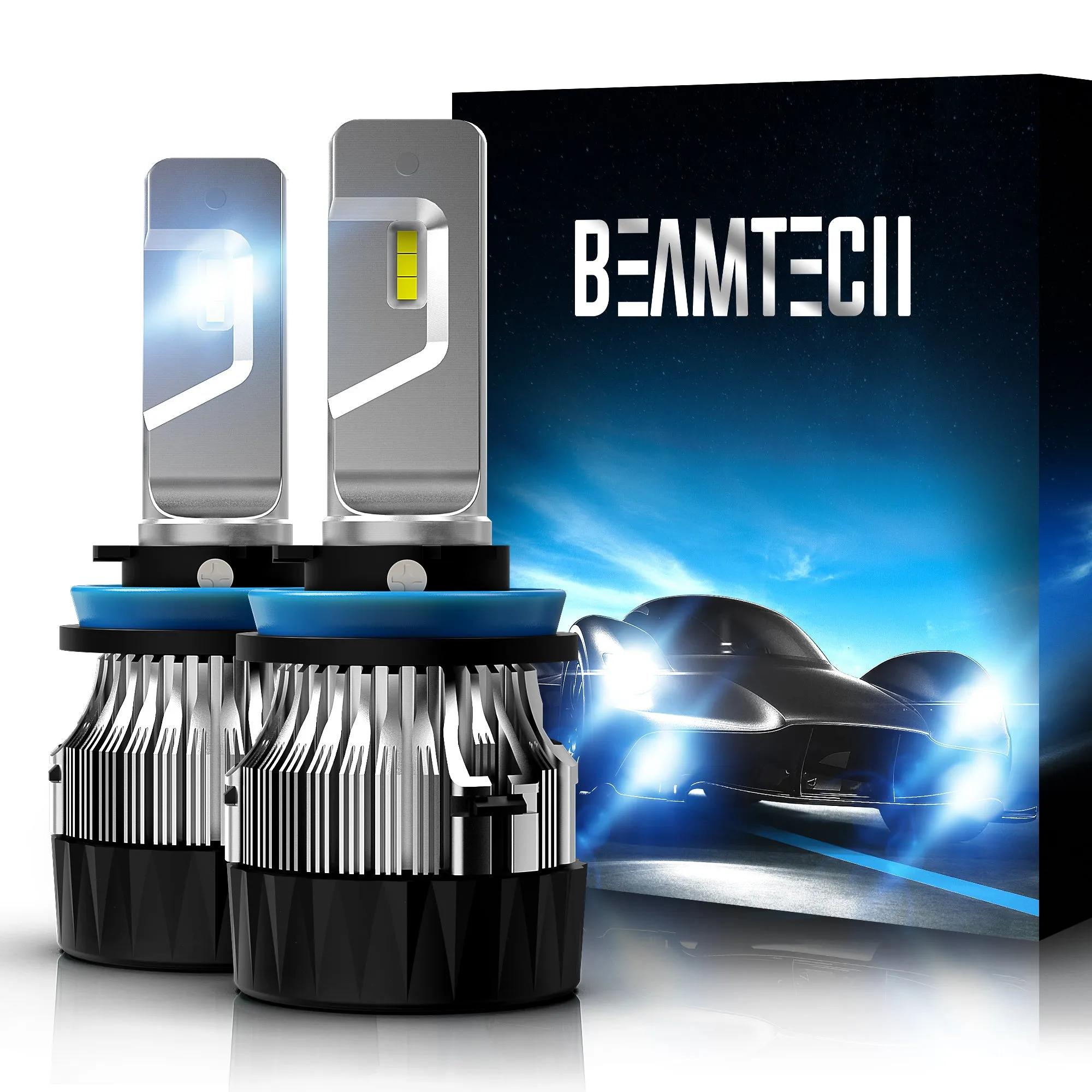 BEAMTECH H11 LED Headlight Bulb 30mm Heatsink Base CSP Chips 10000 Lumens Hi/Lo 6500K Xenon White Extremely Super Bright Conversion Kit of 2