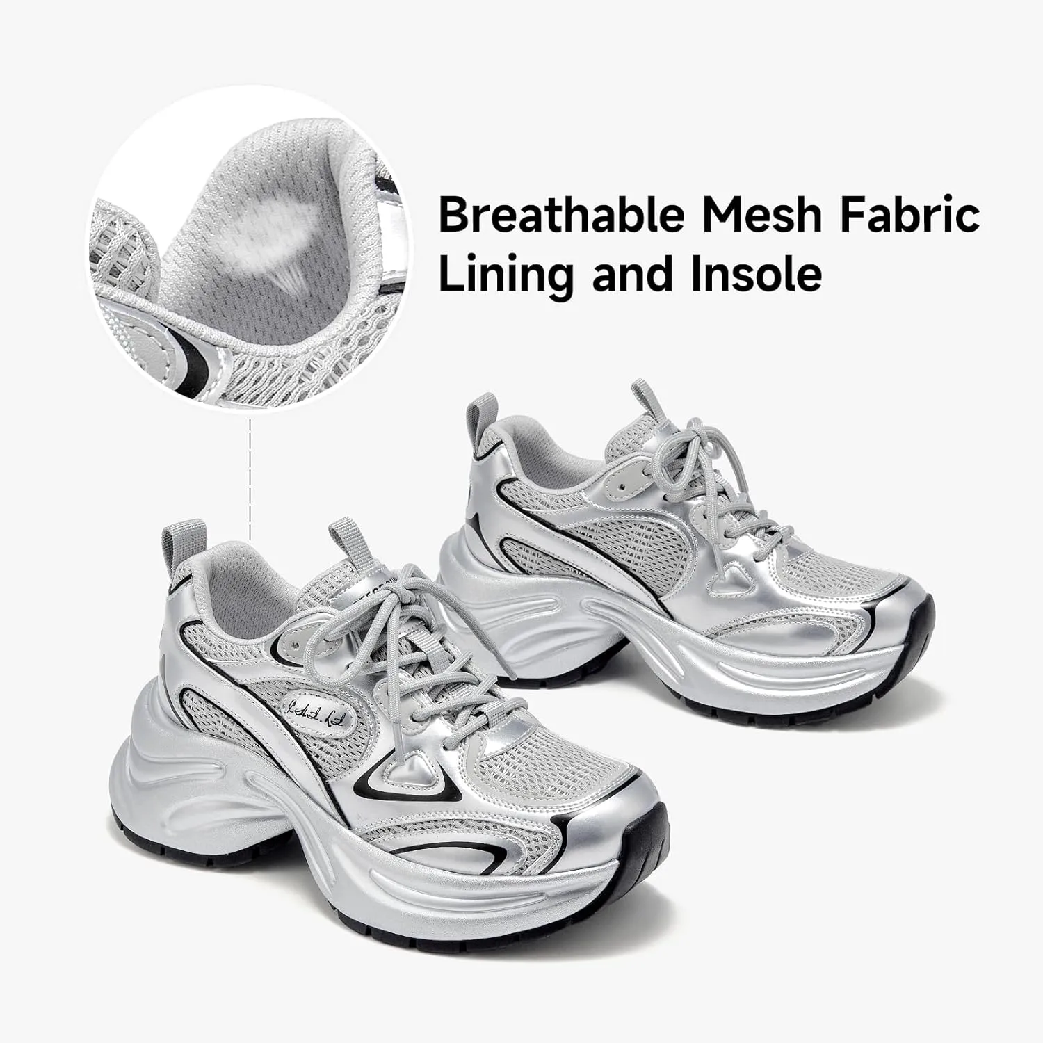 BEAU TODAY Womens Platform Fashion Sneakers, Chunky Leather Walking Shoes for Women, Casual Dress Comfortable Non-Slip Lace-up Mesh Running Gym Shoes