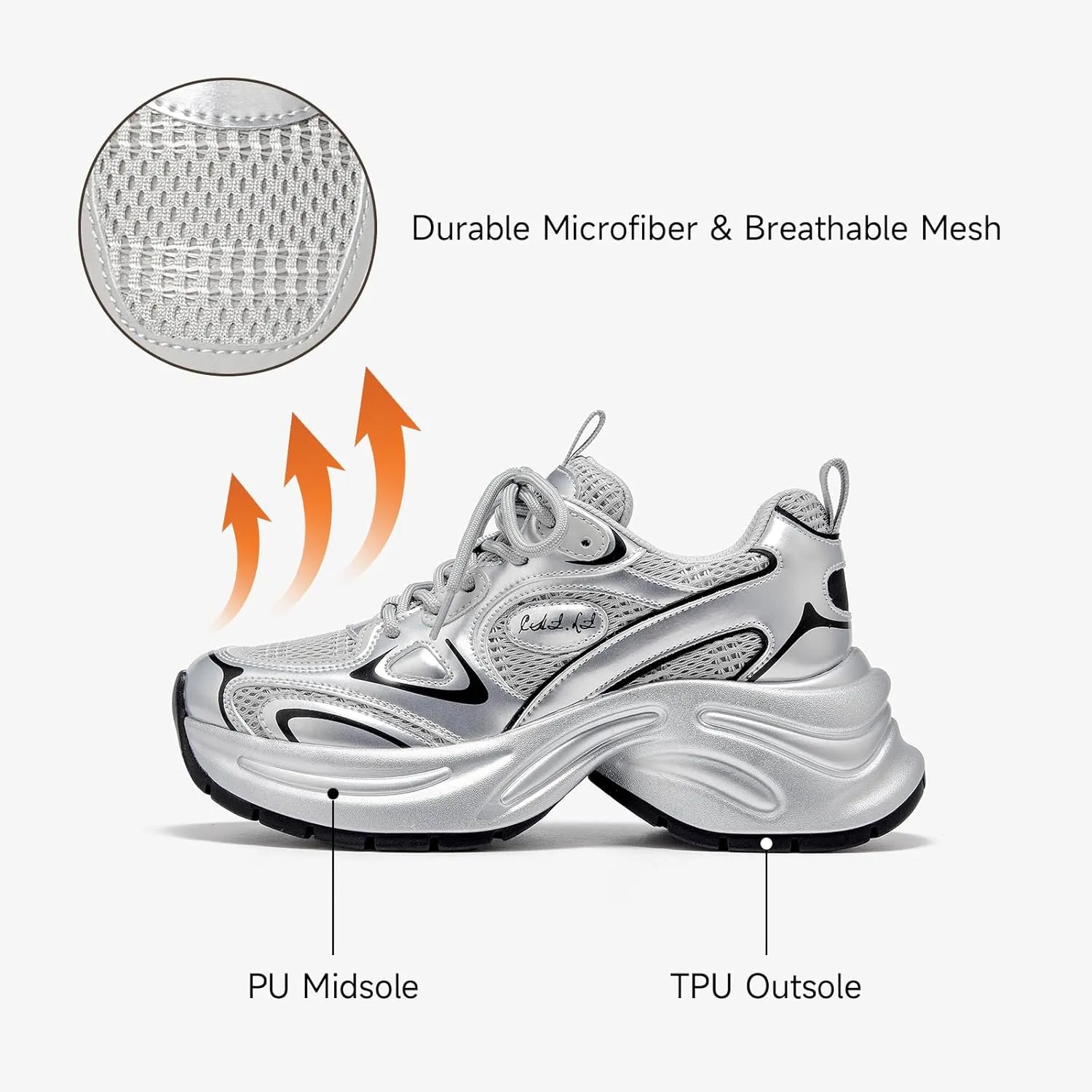 BEAU TODAY Womens Platform Fashion Sneakers, Chunky Leather Walking Shoes for Women, Casual Dress Comfortable Non-Slip Lace-up Mesh Running Gym Shoes