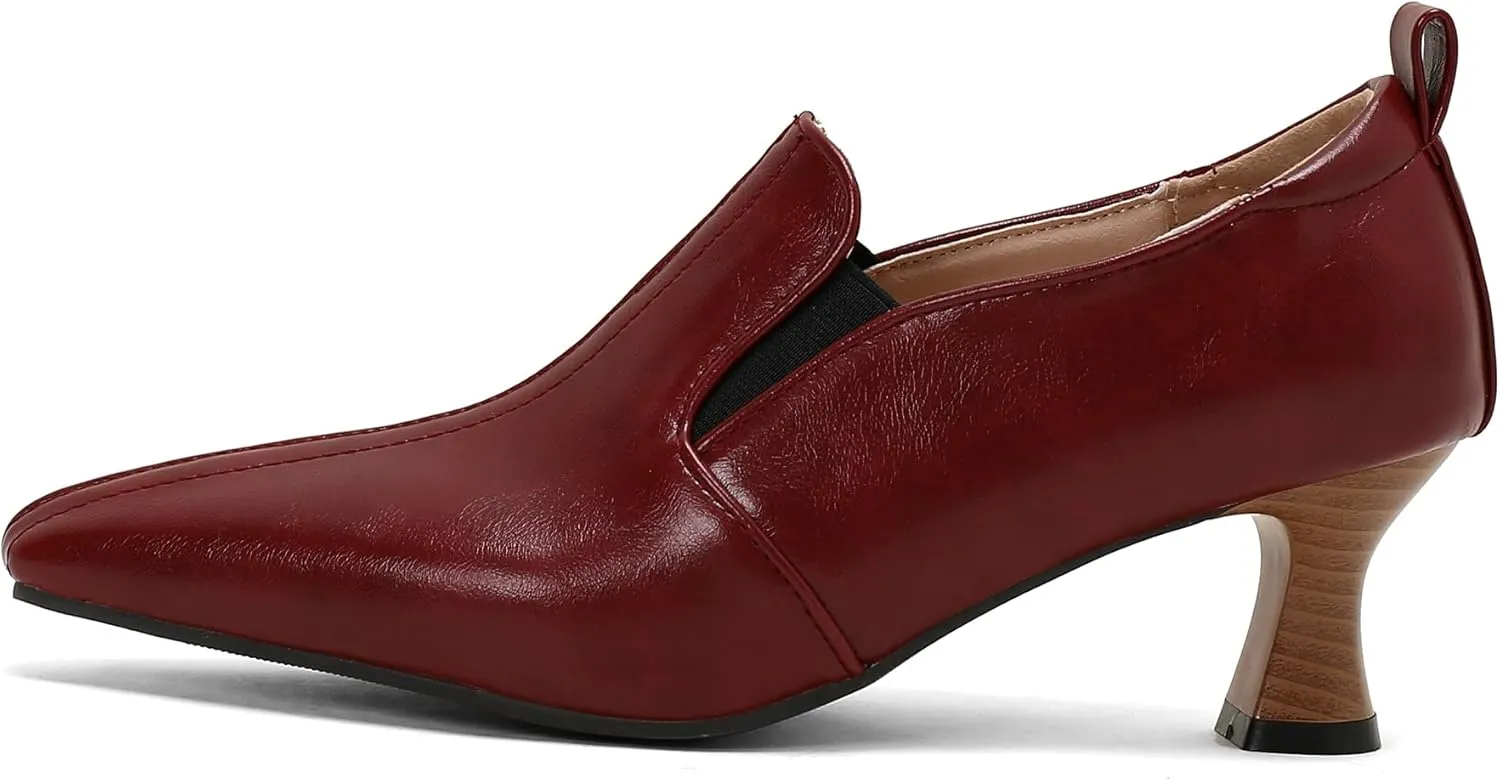 BEAUPAS Women's Kitten Heels Loafers Pointed Toe Oxfords Slip On Chunky Block Heels Pumps Vintage Shoes