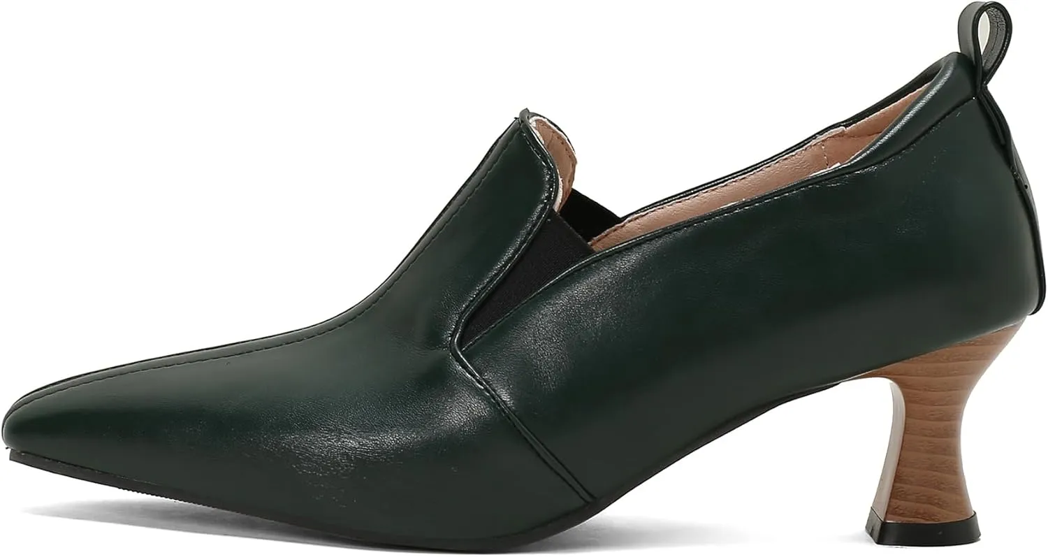 BEAUPAS Women's Kitten Heels Loafers Pointed Toe Oxfords Slip On Chunky Block Heels Pumps Vintage Shoes