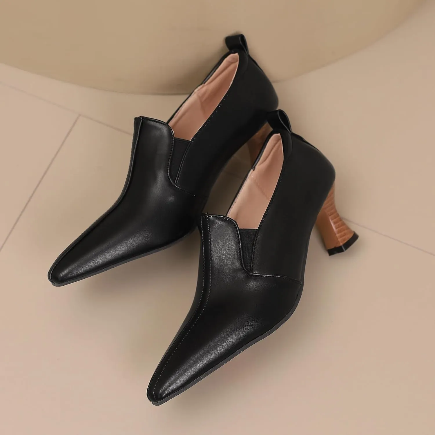 BEAUPAS Women's Kitten Heels Loafers Pointed Toe Oxfords Slip On Chunky Block Heels Pumps Vintage Shoes