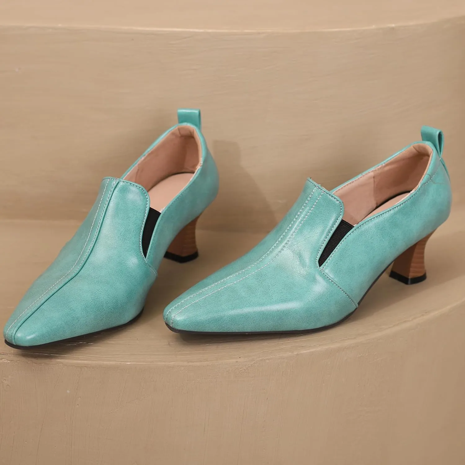 BEAUPAS Women's Kitten Heels Loafers Pointed Toe Oxfords Slip On Chunky Block Heels Pumps Vintage Shoes