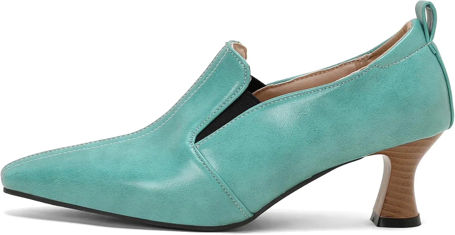 BEAUPAS Women's Kitten Heels Loafers Pointed Toe Oxfords Slip On Chunky Block Heels Pumps Vintage Shoes