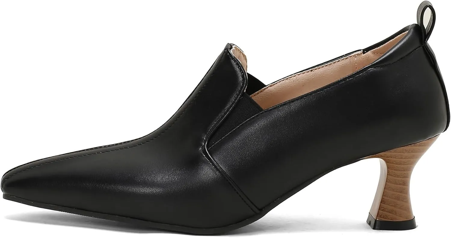 BEAUPAS Women's Kitten Heels Loafers Pointed Toe Oxfords Slip On Chunky Block Heels Pumps Vintage Shoes
