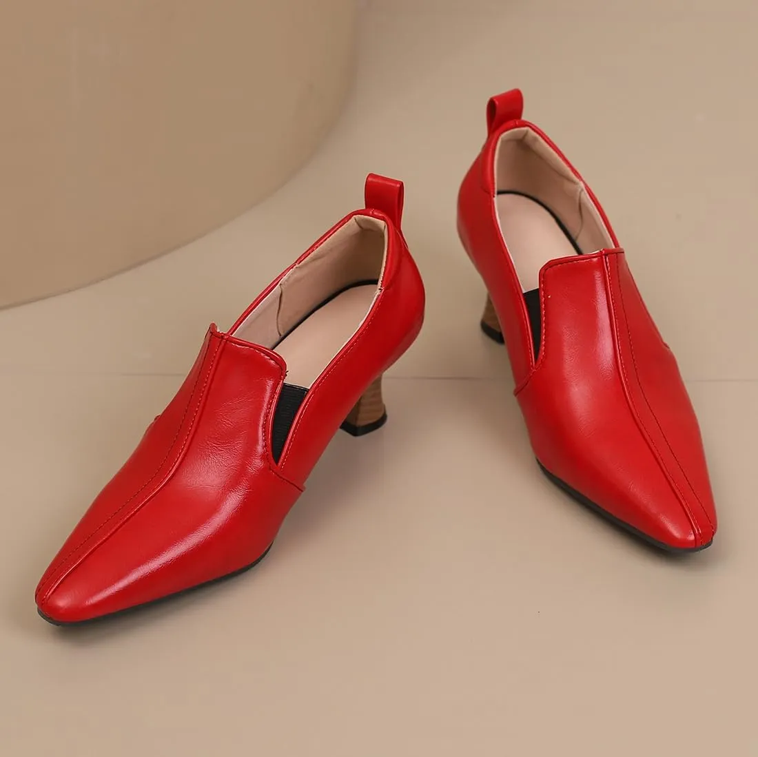 BEAUPAS Women's Kitten Heels Loafers Pointed Toe Oxfords Slip On Chunky Block Heels Pumps Vintage Shoes