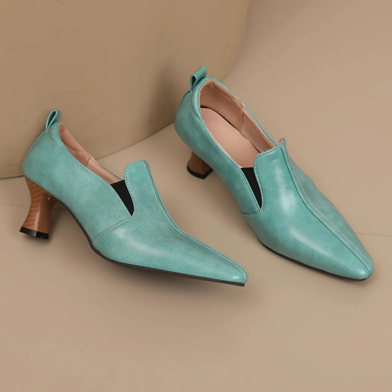 BEAUPAS Women's Kitten Heels Loafers Pointed Toe Oxfords Slip On Chunky Block Heels Pumps Vintage Shoes