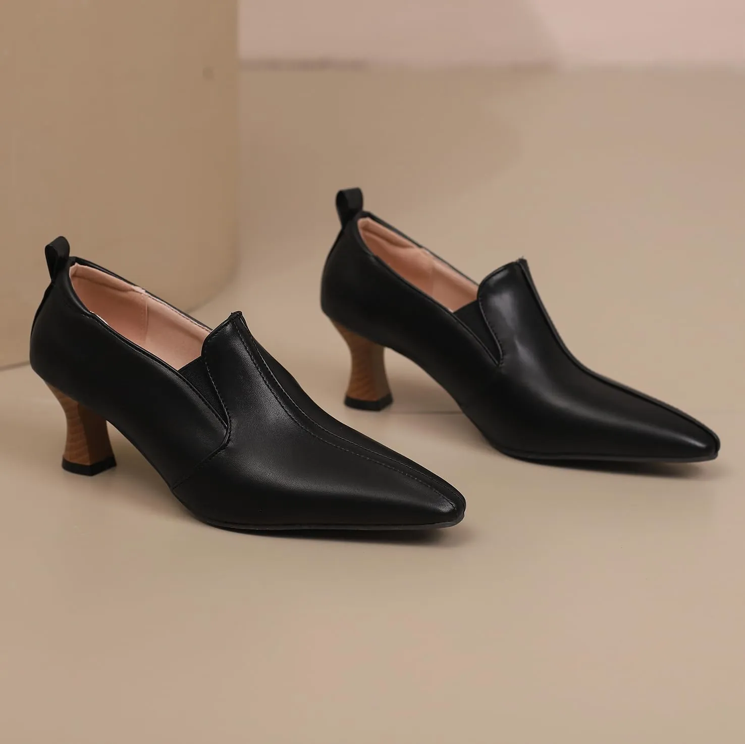 BEAUPAS Women's Kitten Heels Loafers Pointed Toe Oxfords Slip On Chunky Block Heels Pumps Vintage Shoes