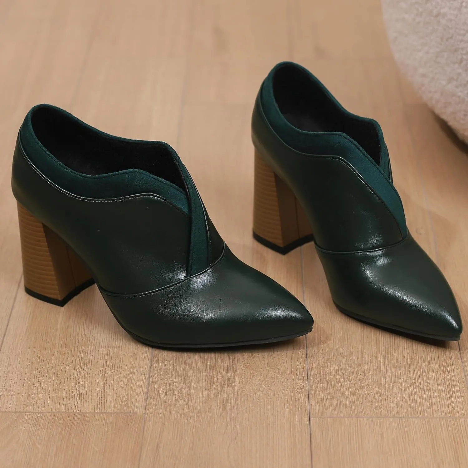 BEAUPAS Women's Pointed Toe Chunky High Heel Pumps Loafers Closed Toe Block Heels Booties Vintage Shoes
