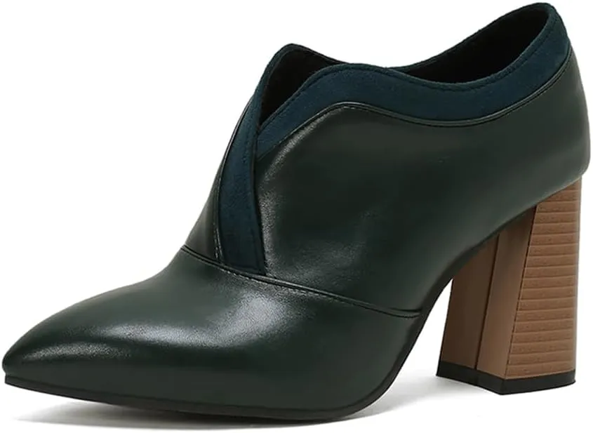 BEAUPAS Women's Pointed Toe Chunky High Heel Pumps Loafers Closed Toe Block Heels Booties Vintage Shoes