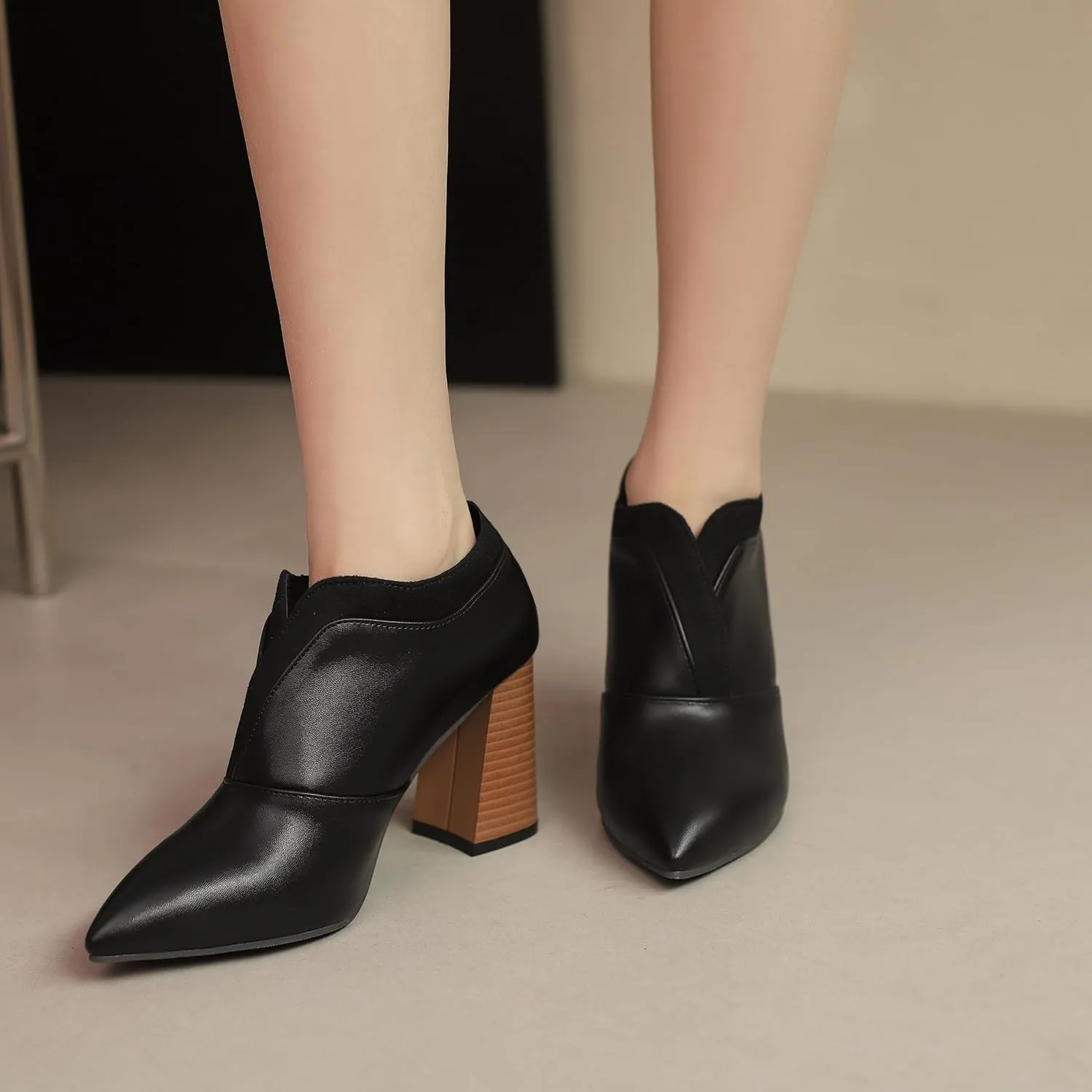 BEAUPAS Women's Pointed Toe Chunky High Heel Pumps Loafers Closed Toe Block Heels Booties Vintage Shoes