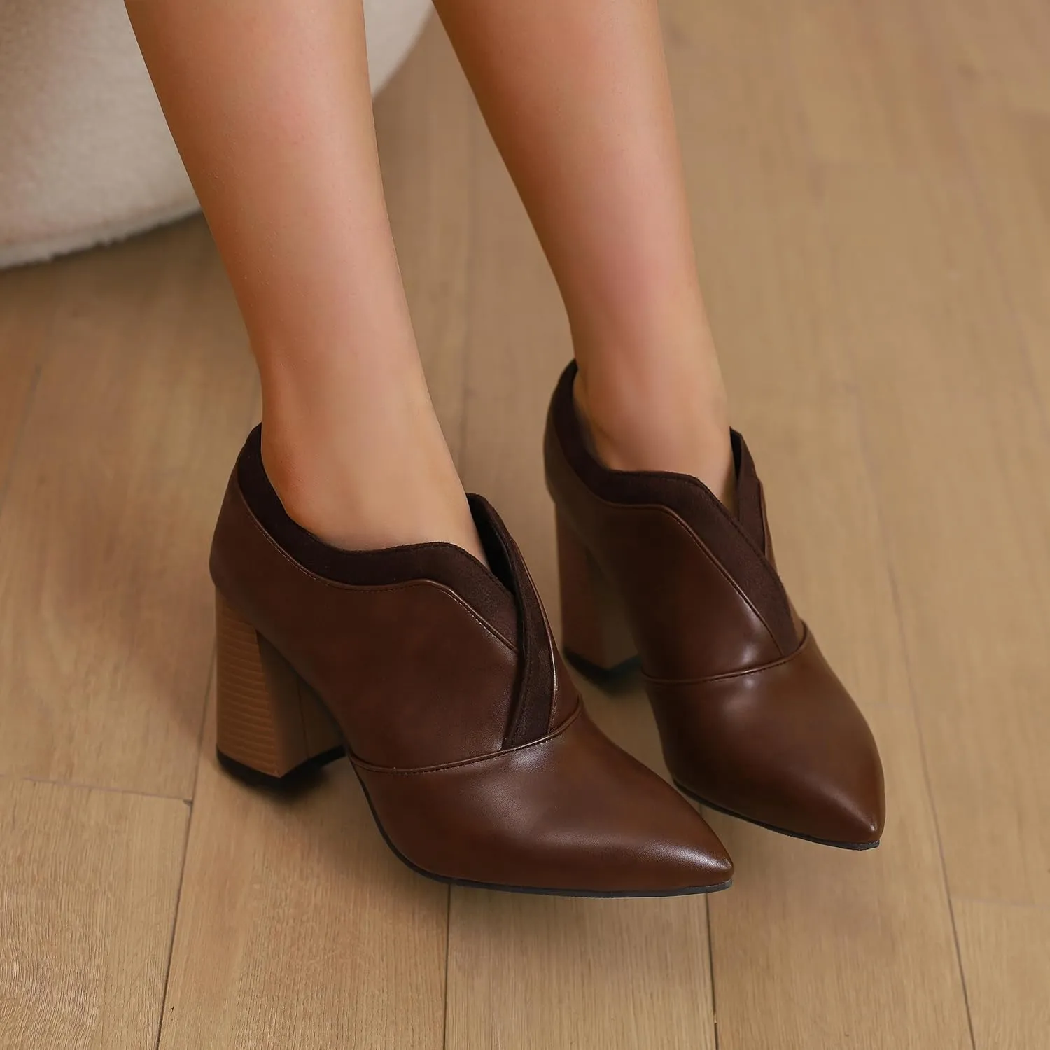 BEAUPAS Women's Pointed Toe Chunky High Heel Pumps Loafers Closed Toe Block Heels Booties Vintage Shoes