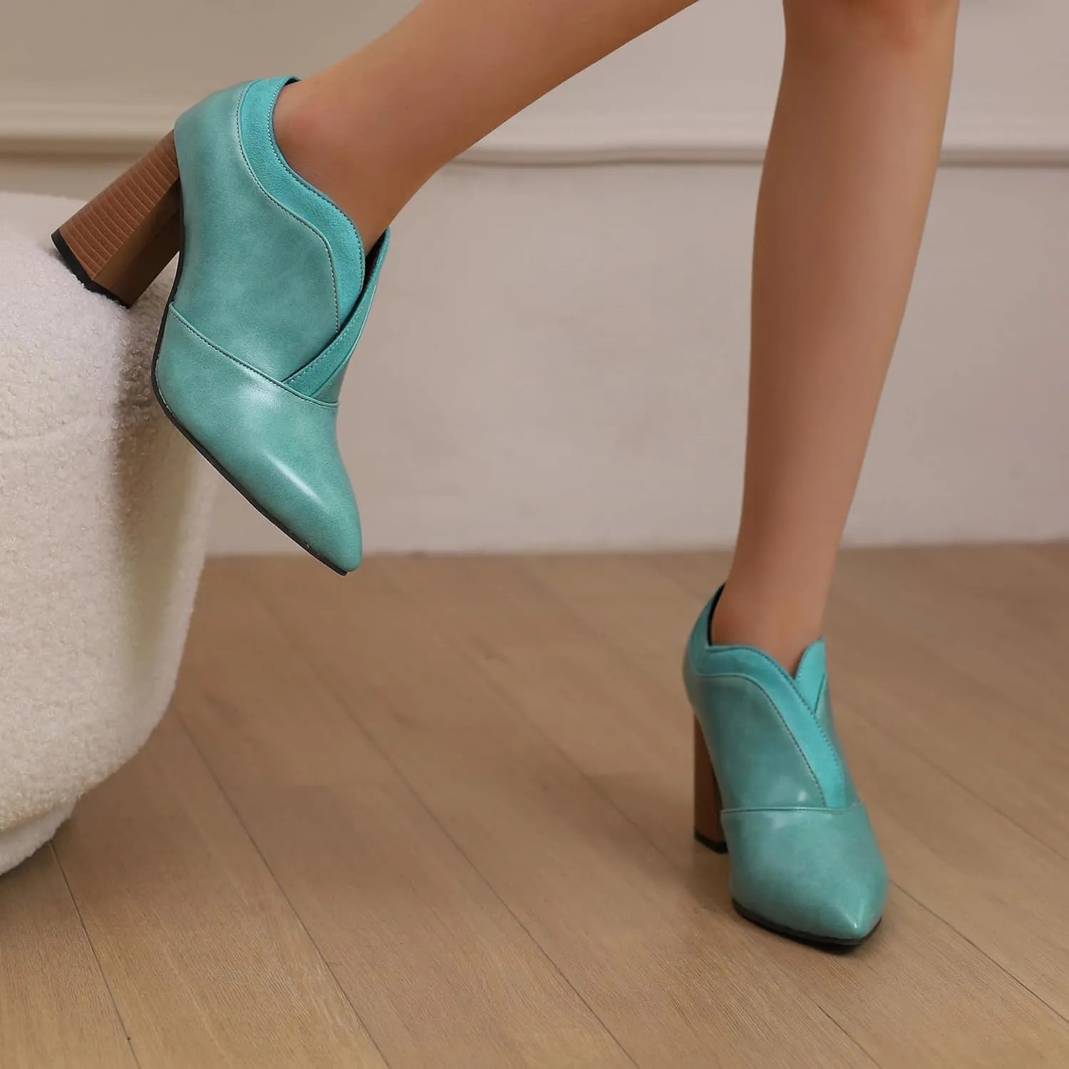 BEAUPAS Women's Pointed Toe Chunky High Heel Pumps Loafers Closed Toe Block Heels Booties Vintage Shoes