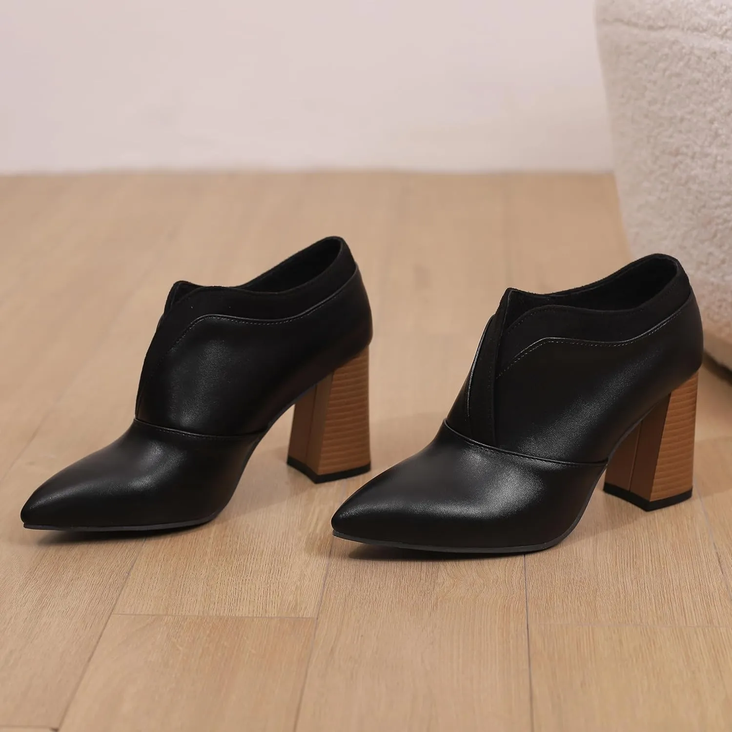 BEAUPAS Women's Pointed Toe Chunky High Heel Pumps Loafers Closed Toe Block Heels Booties Vintage Shoes