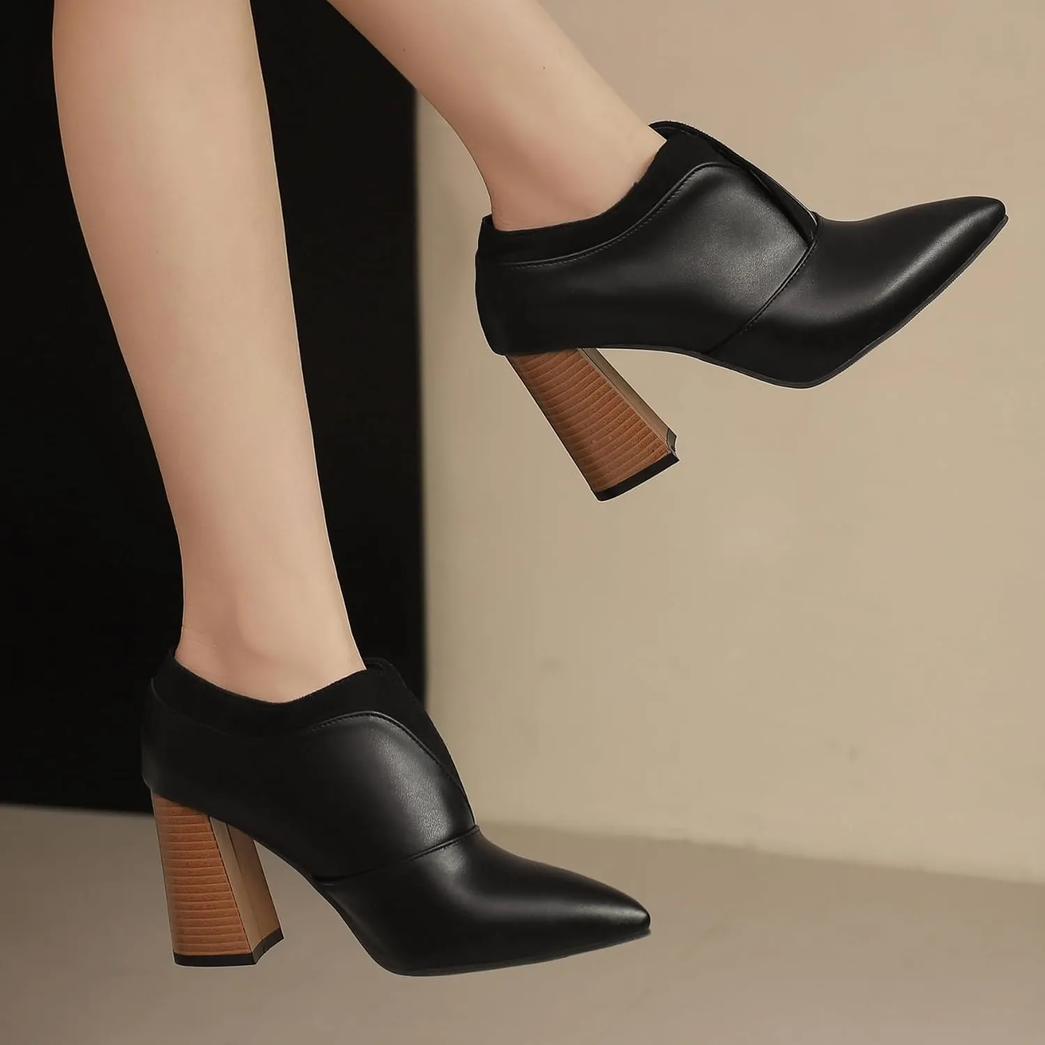 BEAUPAS Women's Pointed Toe Chunky High Heel Pumps Loafers Closed Toe Block Heels Booties Vintage Shoes