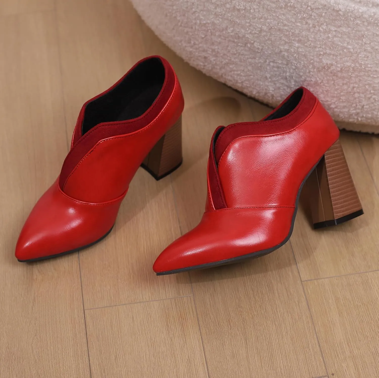 BEAUPAS Women's Pointed Toe Chunky High Heel Pumps Loafers Closed Toe Block Heels Booties Vintage Shoes