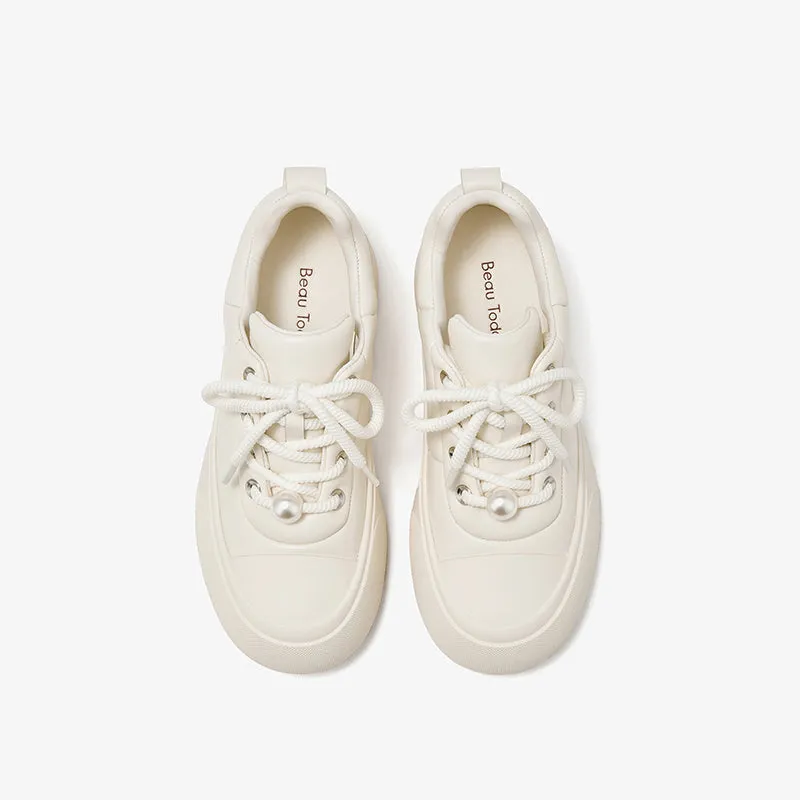 BeauToday Round Toe Womens Chunky Sneakers Lace-up Platform Sneakers with Delicate Pearl Embellishment