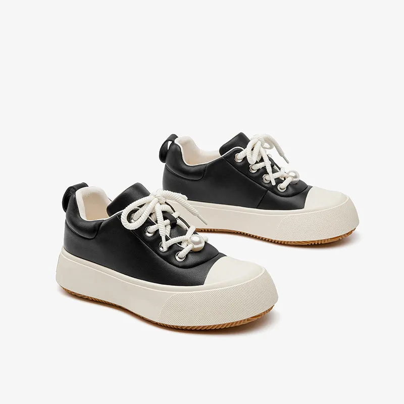 BeauToday Round Toe Womens Chunky Sneakers Lace-up Platform Sneakers with Delicate Pearl Embellishment