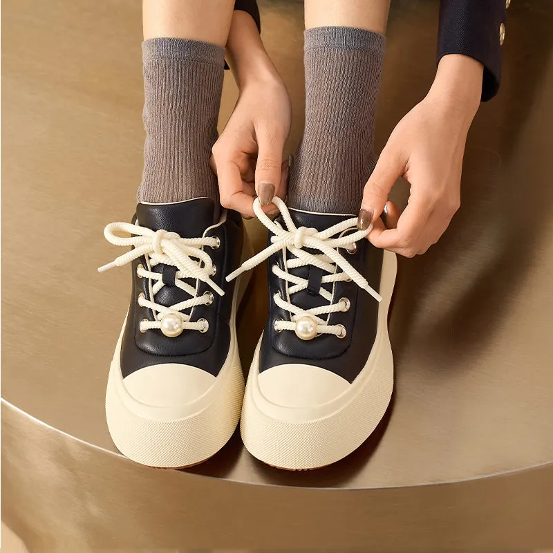 BeauToday Round Toe Womens Chunky Sneakers Lace-up Platform Sneakers with Delicate Pearl Embellishment