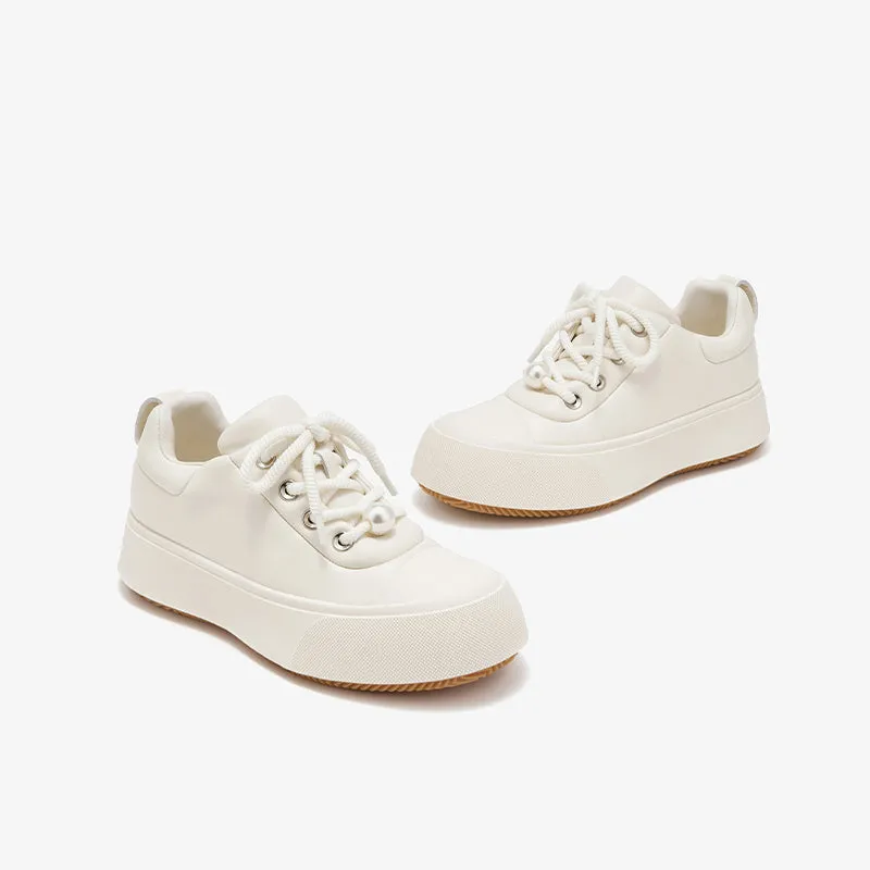 BeauToday Round Toe Womens Chunky Sneakers Lace-up Platform Sneakers with Delicate Pearl Embellishment