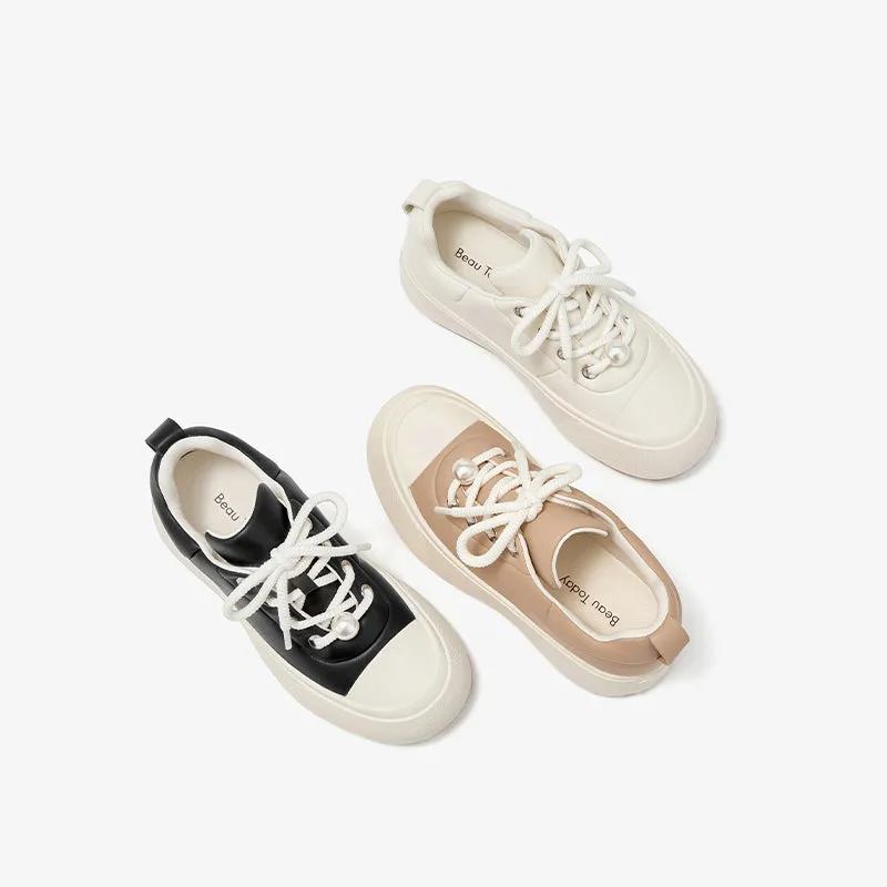 BeauToday Round Toe Womens Chunky Sneakers Lace-up Platform Sneakers with Delicate Pearl Embellishment