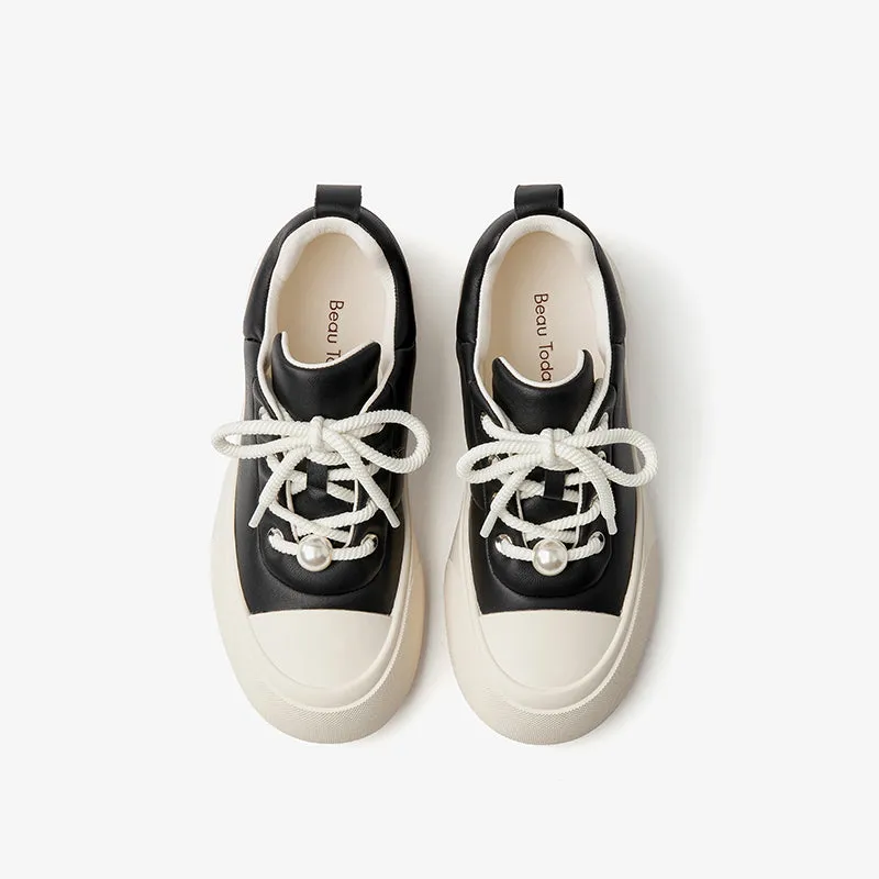 BeauToday Round Toe Womens Chunky Sneakers Lace-up Platform Sneakers with Delicate Pearl Embellishment