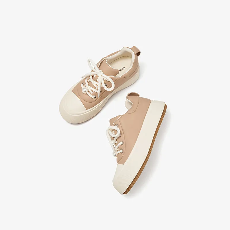 BeauToday Round Toe Womens Chunky Sneakers Lace-up Platform Sneakers with Delicate Pearl Embellishment