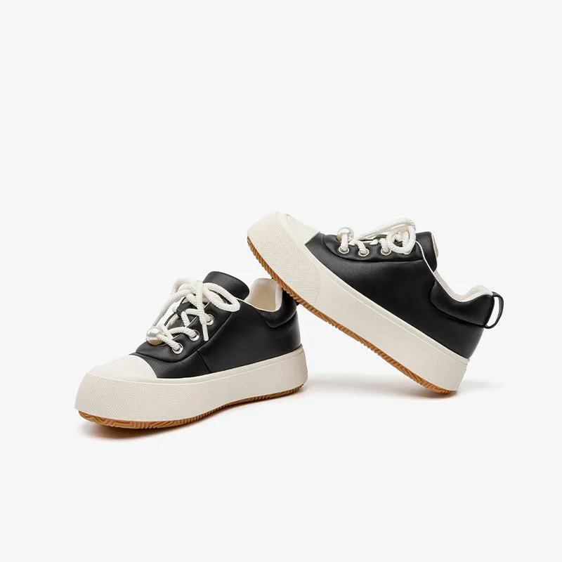 BeauToday Round Toe Womens Chunky Sneakers Lace-up Platform Sneakers with Delicate Pearl Embellishment