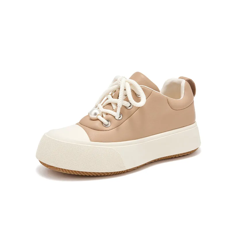BeauToday Round Toe Womens Chunky Sneakers Lace-up Platform Sneakers with Delicate Pearl Embellishment