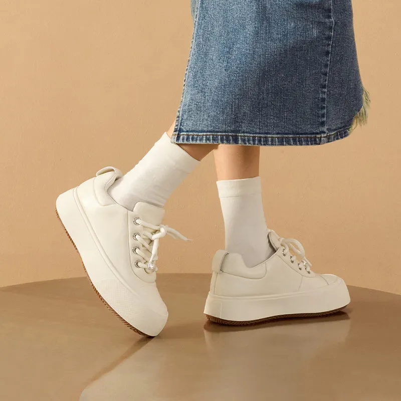 BeauToday Round Toe Womens Chunky Sneakers Lace-up Platform Sneakers with Delicate Pearl Embellishment