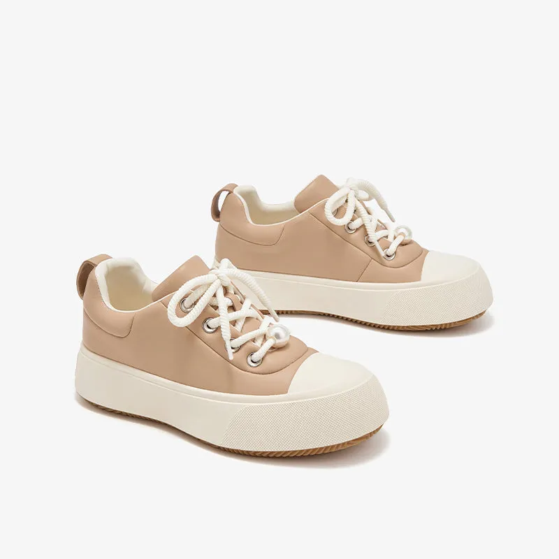 BeauToday Round Toe Womens Chunky Sneakers Lace-up Platform Sneakers with Delicate Pearl Embellishment