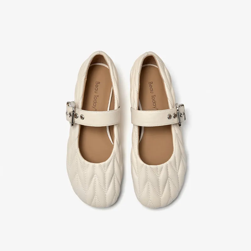 BeauToday Women's Soft Leather Mary Janes Flat with Adjustable Metal Buckle