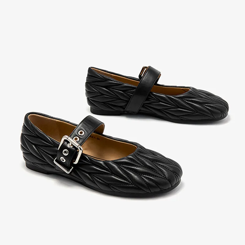 BeauToday Women's Soft Leather Mary Janes Flat with Adjustable Metal Buckle