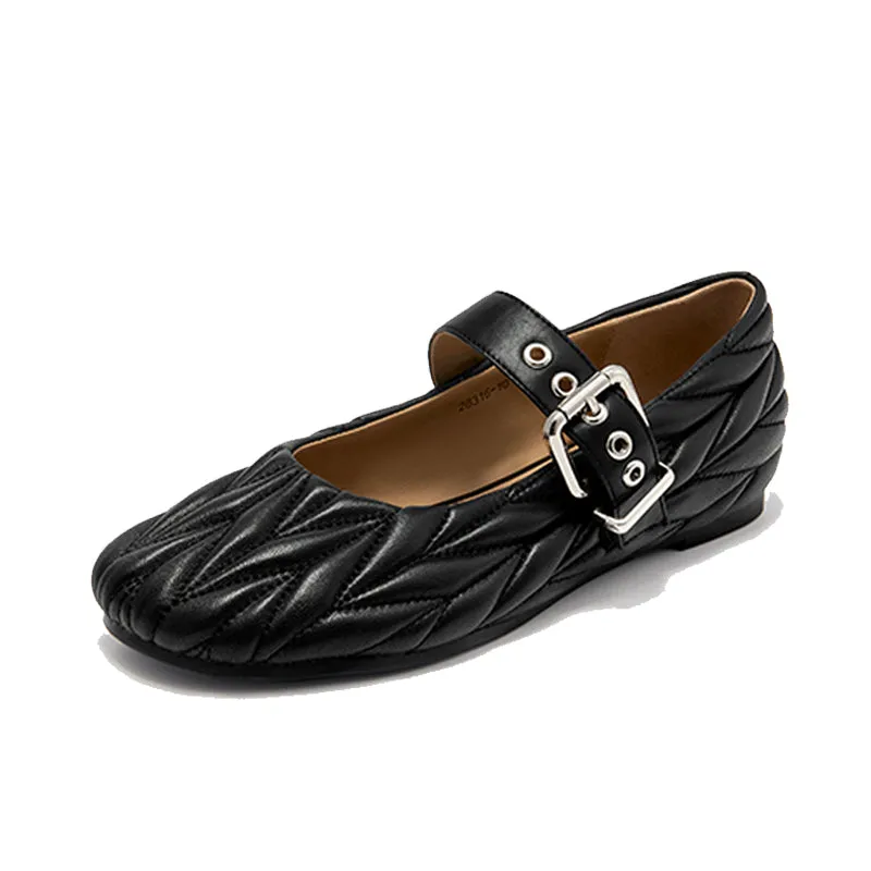 BeauToday Women's Soft Leather Mary Janes Flat with Adjustable Metal Buckle