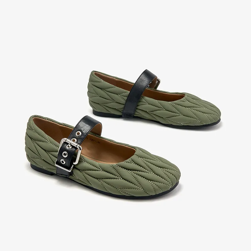 BeauToday Women's Soft Leather Mary Janes Flat with Adjustable Metal Buckle