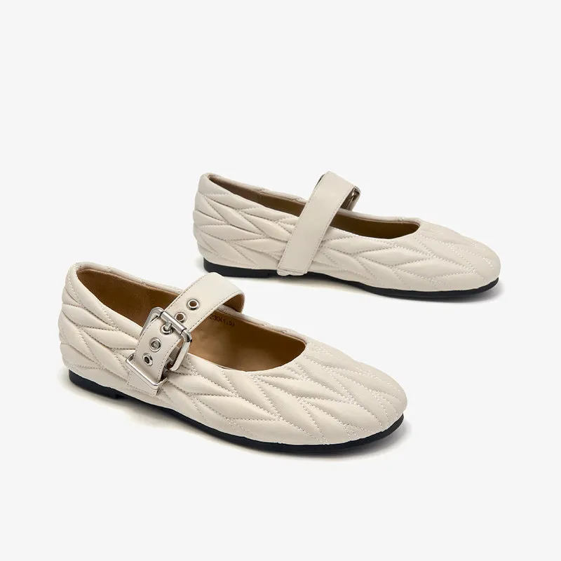 BeauToday Women's Soft Leather Mary Janes Flat with Adjustable Metal Buckle