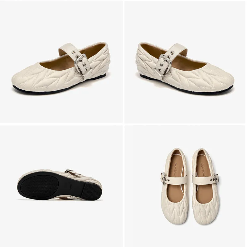 BeauToday Women's Soft Leather Mary Janes Flat with Adjustable Metal Buckle