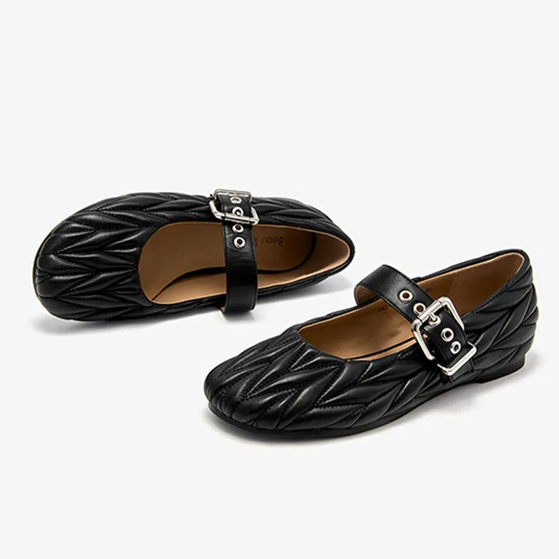 BeauToday Women's Soft Leather Mary Janes Flat with Adjustable Metal Buckle