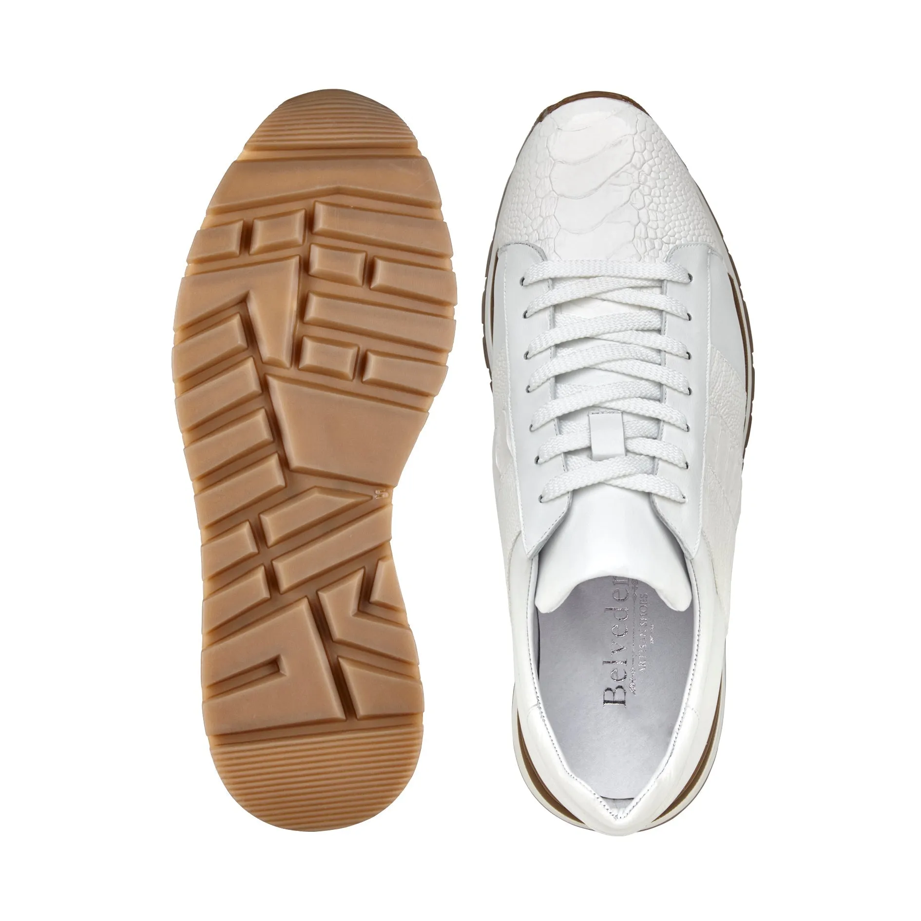 Belvedere Blake 33629 Shoes Men's White Exotic Genuine Ostrich / Calf-Skin Leather Casual Sneakers (BV3165)