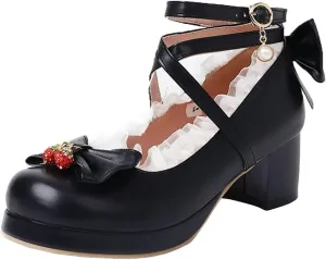 Betastella Women's Cute Platform Cosplay Shoes Mary Janes Chunky Heel Cross Ankle Strap Pumps with Bows