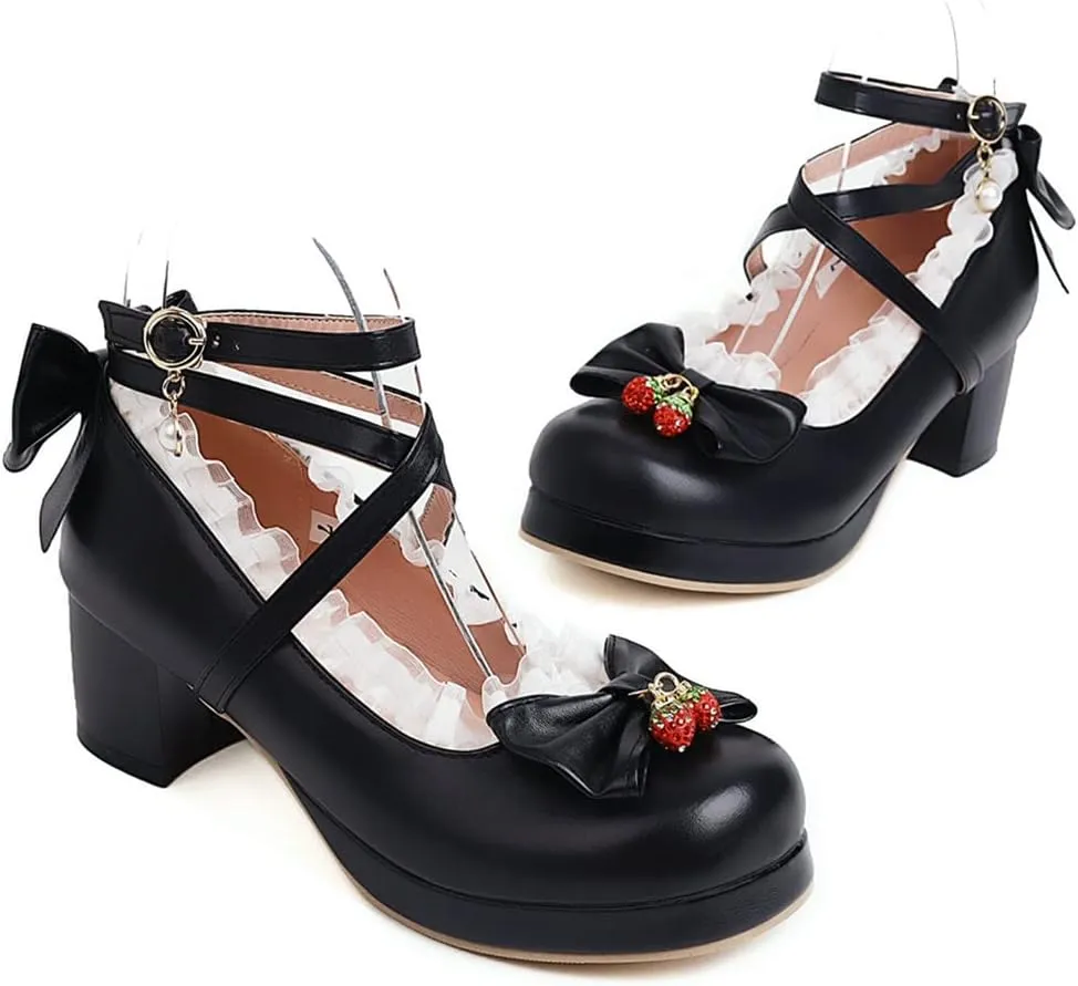 Betastella Women's Cute Platform Cosplay Shoes Mary Janes Chunky Heel Cross Ankle Strap Pumps with Bows