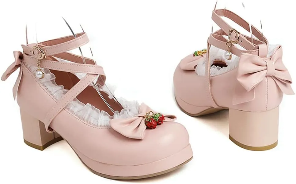 Betastella Women's Cute Platform Cosplay Shoes Mary Janes Chunky Heel Cross Ankle Strap Pumps with Bows