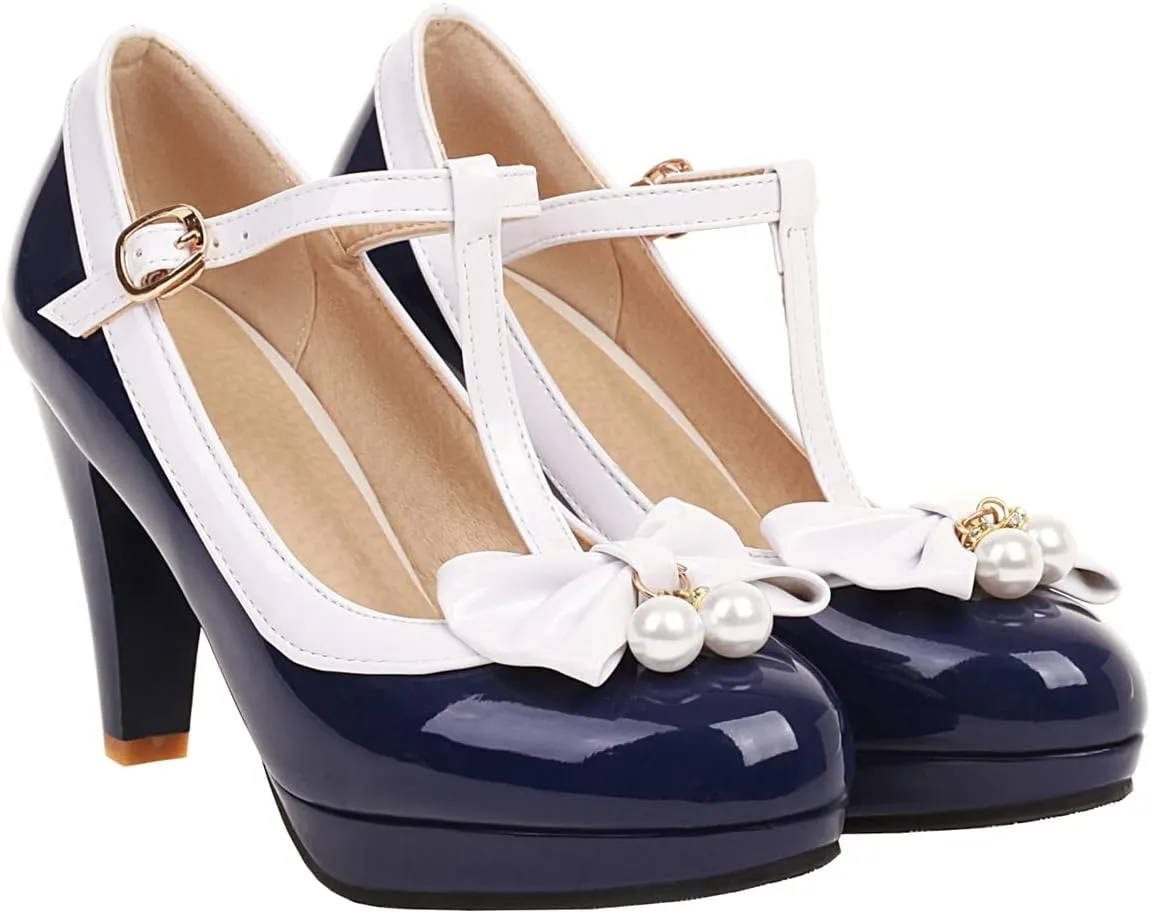 Betastella Women's Cute Platform Cosplay Shoes Mary Janes Chunky Heel Cross Ankle Strap Pumps with Bows