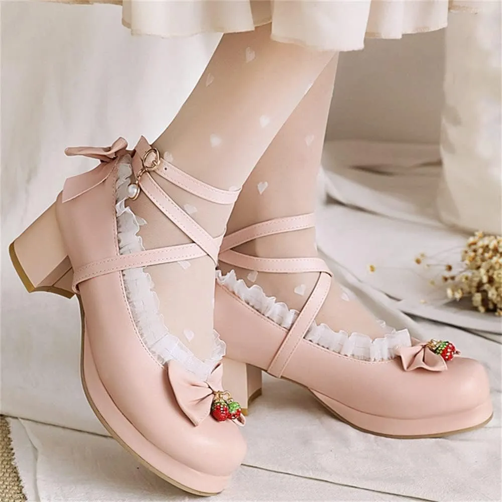 Betastella Women's Cute Platform Cosplay Shoes Mary Janes Chunky Heel Cross Ankle Strap Pumps with Bows