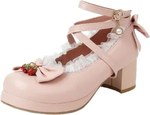 Betastella Women's Cute Platform Cosplay Shoes Mary Janes Chunky Heel Cross Ankle Strap Pumps with Bows