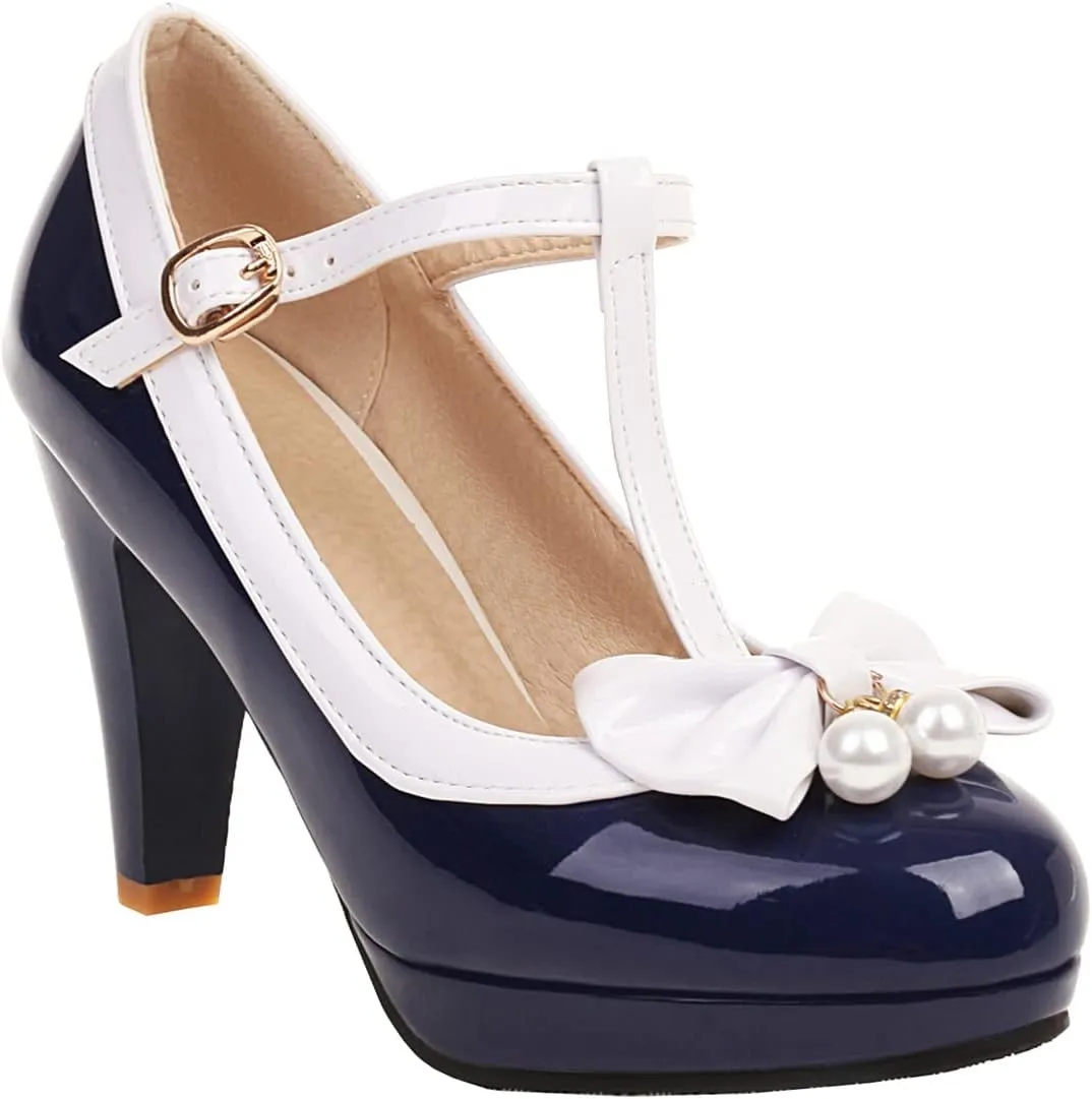 Betastella Women's Cute Platform Cosplay Shoes Mary Janes Chunky Heel Cross Ankle Strap Pumps with Bows