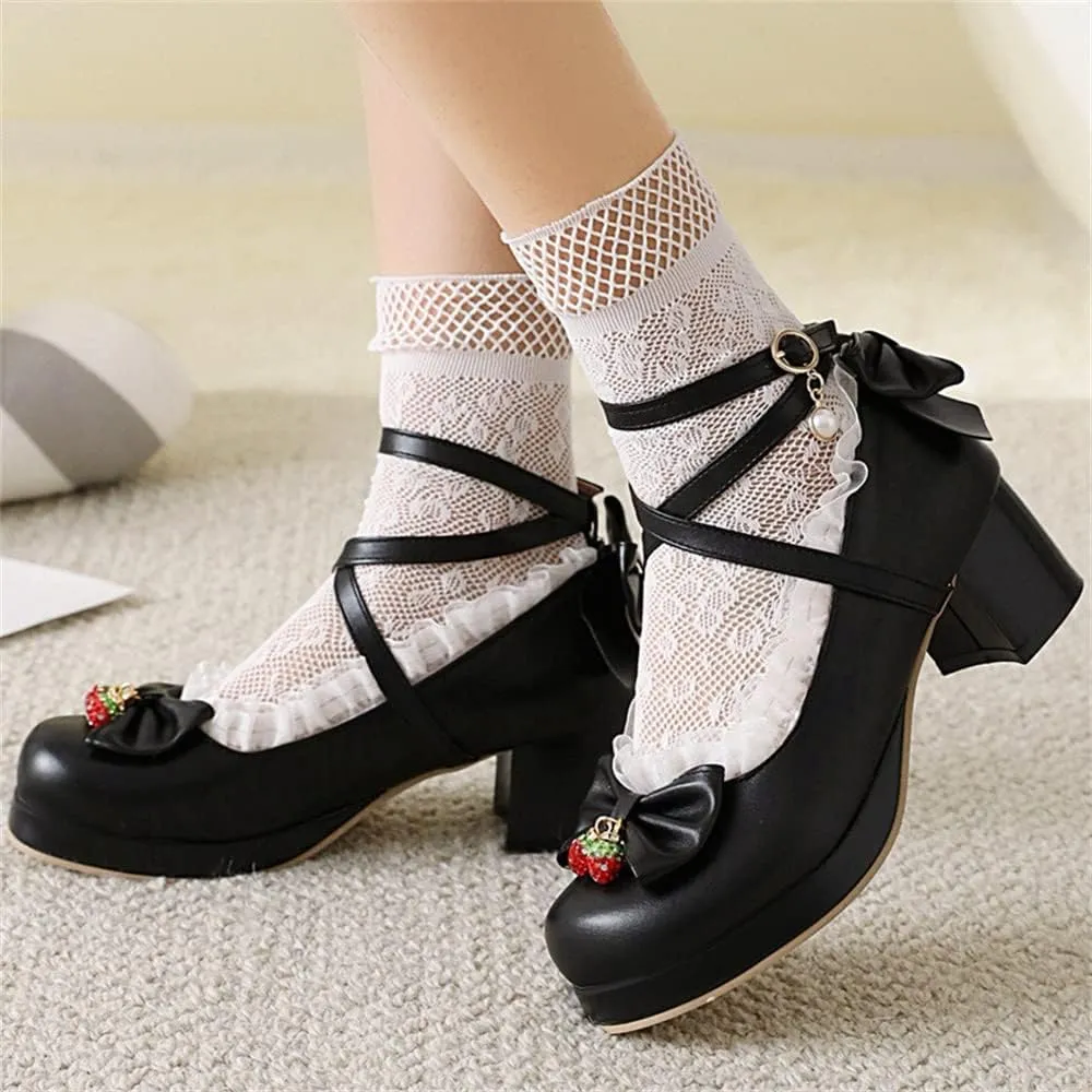Betastella Women's Cute Platform Cosplay Shoes Mary Janes Chunky Heel Cross Ankle Strap Pumps with Bows
