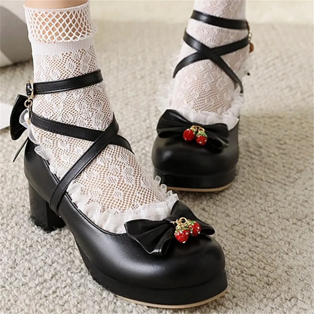 Betastella Women's Cute Platform Cosplay Shoes Mary Janes Chunky Heel Cross Ankle Strap Pumps with Bows