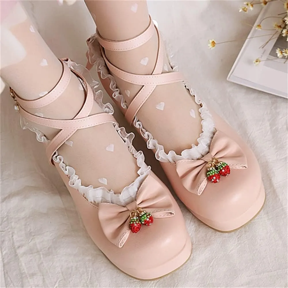 Betastella Women's Cute Platform Cosplay Shoes Mary Janes Chunky Heel Cross Ankle Strap Pumps with Bows