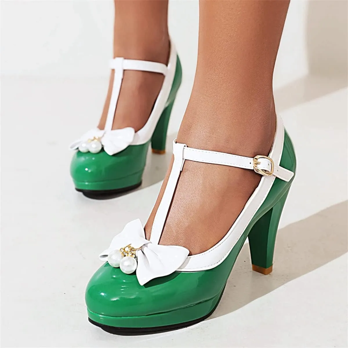 Betastella Women's Cute Platform Cosplay Shoes Mary Janes Chunky Heel Cross Ankle Strap Pumps with Bows